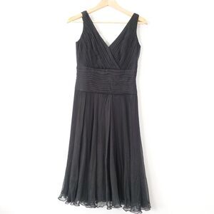 Split Neck Cocktail Dress 6 S Black Silk Flared Midi Pleated Mesh Layer BARAMI